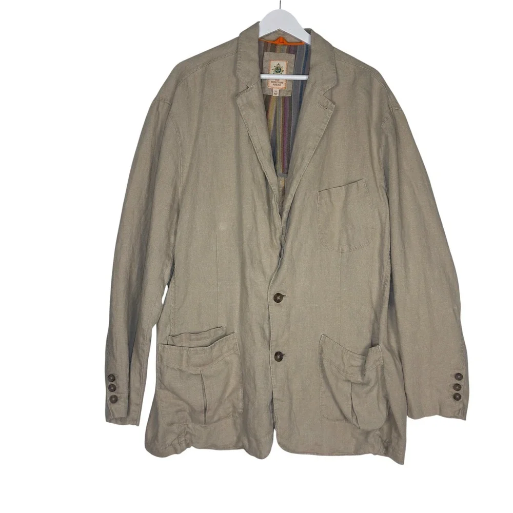 The Territory Ahead Linen Blazer XL Khaki Striped Lining Coastal Safari Casual